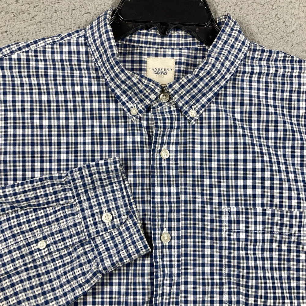 Lands' End Canvas Button Down Shirt Men XL Blue Gingham Check Cotton Long Sleeve